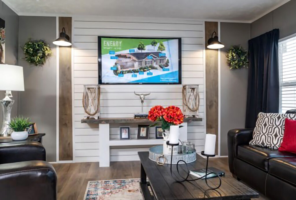 TV ledge with panels and sconces